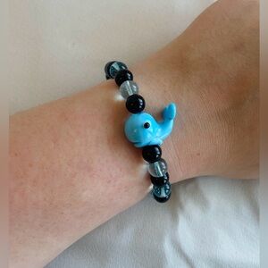 Handmade Clear Blue Quartz and Black Glass Whale Bracelet